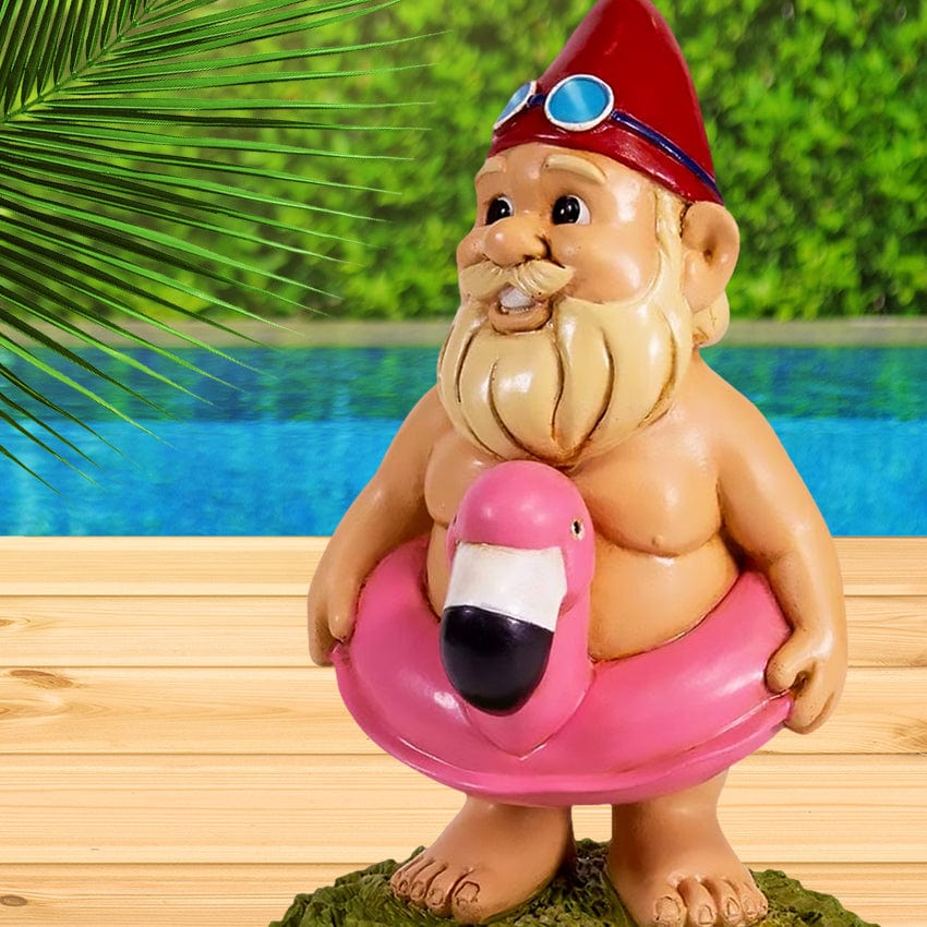 Cheeky Garden Gnome in Pink Flamingo Pool Float - Kwirkworks